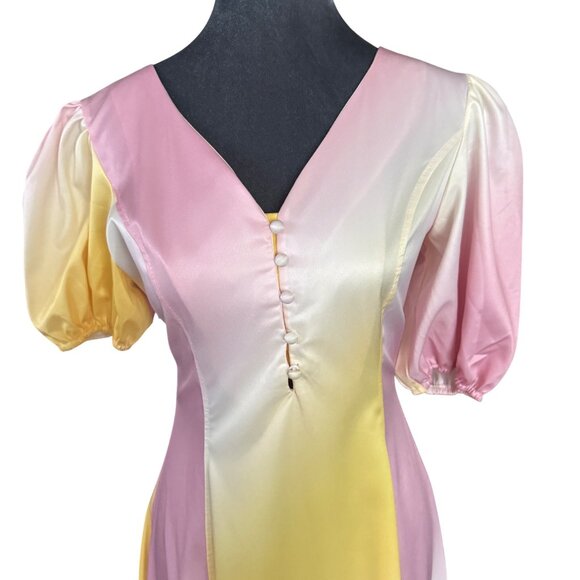 Pastel Pink & Yellow Gradient Puff Sleeve Midi Dress With Open Back Design & But - Picture 2 of 6